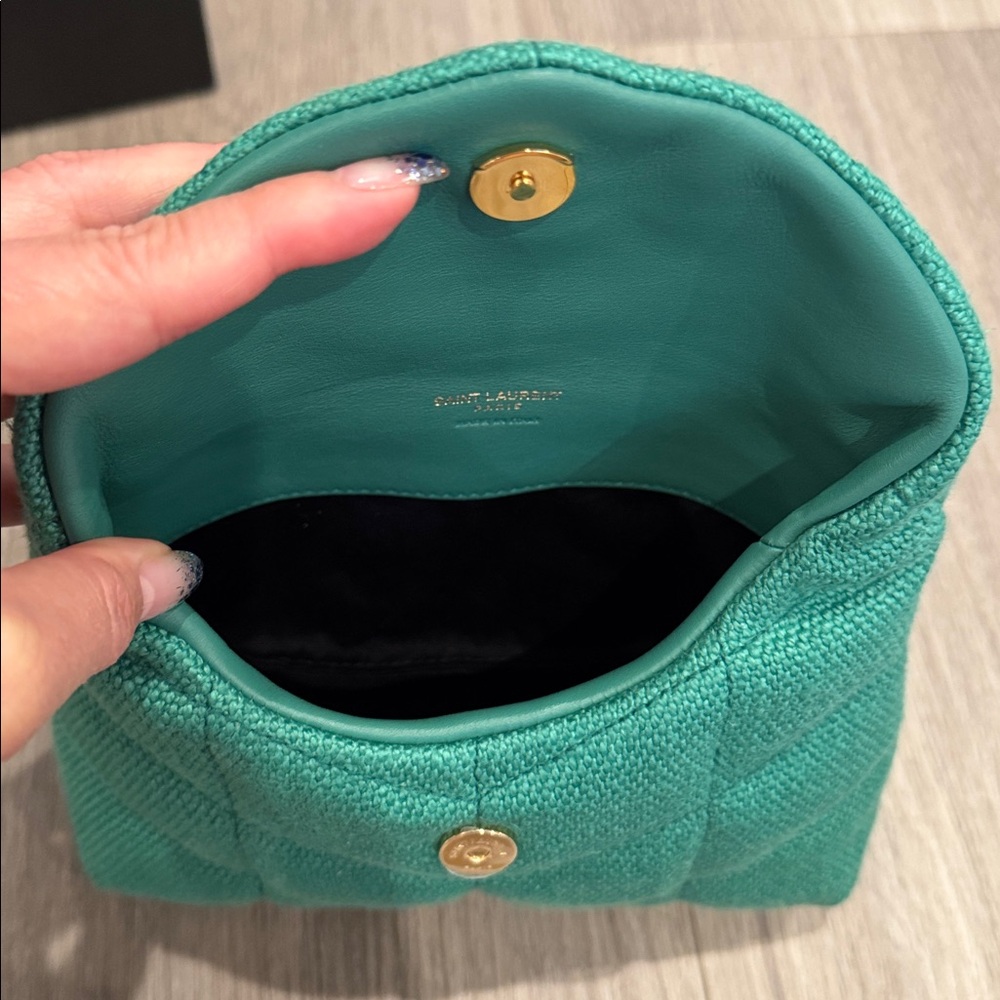 Saint Laurent Denim Quilted Loulou Puffer Monogram Pouch Clutch in Basil color - Picture 14 of 14